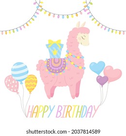 Celebratory card with cute llama, gift, balloons and garlands. Cartoon funny character for nursery design, greeting card, invitation, print, party, baby shower, poster. Vector illustration isolated on