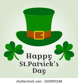 Celebratory card with green hat and clovers for Saint Patrick's Day. Vector illustration