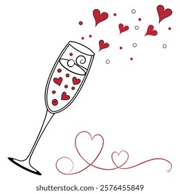 Celebratory Champagne Glass with Red Hearts and Festive Decorations