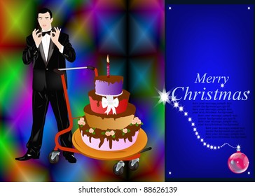 Celebratory Christmas pie from the elegant man in a classical tuxedo