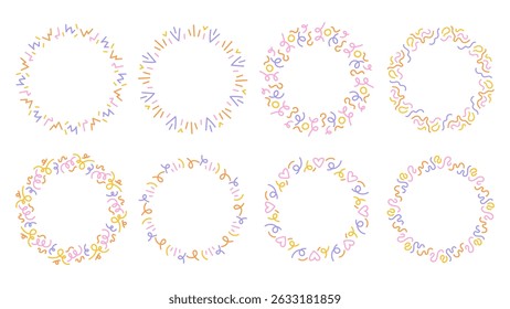 Celebratory Confetti Circle Frames Set. Colorful Curvy Lines Round Borders Collection for Holiday and Greeting Cards.