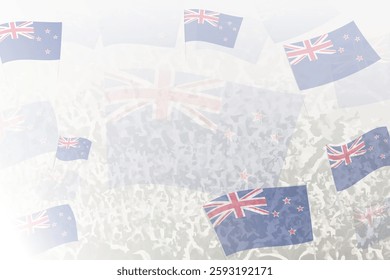 Celebratory Crowd with New Zealand Flags Background. Perfect for themes national events, culture, and unity.