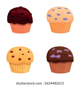 Celebratory cupcake icons set cartoon vector. Muffin various flavor and color. Sweet food, dessert