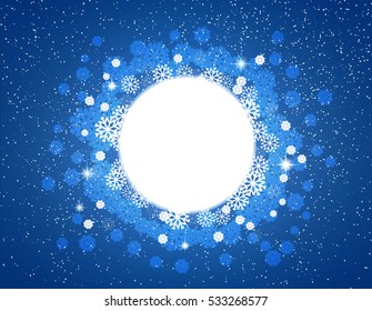 Celebratory dark blue winter background with snowflakes and stars round frame for Christmas design 