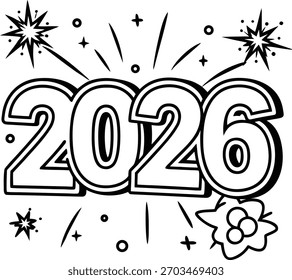 Um design comemorativo com o ano de 2026, completo com fogos de artifício, estrelas e uma flor. Ideal para projetos de ano novo, livros de colorir e decorações festivas.
