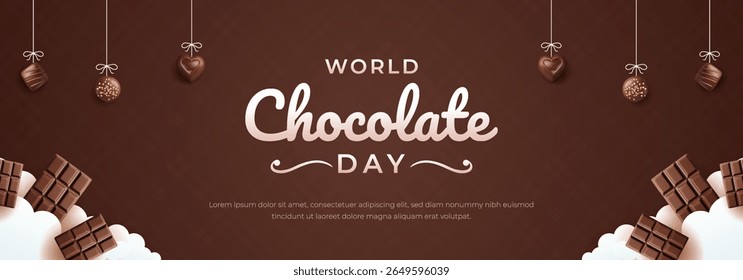 Design comemorativo para o Dia Mundial do Chocolate com chocolates, bares e elementos decorativos em um fundo marrom rico, enfatizando a indulgência e a festividade.