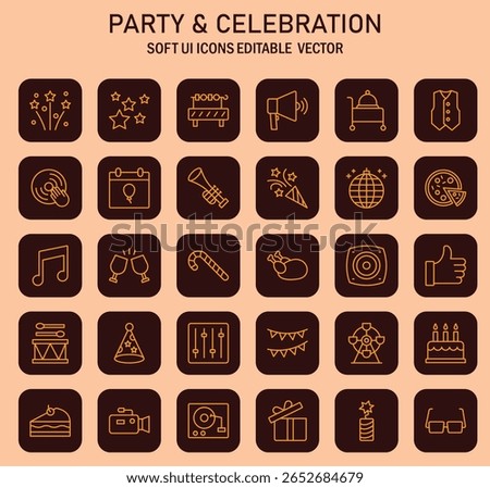 Celebratory event icons set in soft user interface style for web and app design projects and diverse creative endeavors