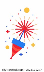 A celebratory firework exploding with red sparks, surrounded by confetti. This festive graphic is perfect for adding a touch of joy to your designs and celebrations.