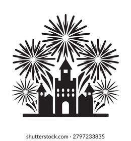 Celebratory fireworks display over a medieval castle silhouette illustration isolated on transparent background