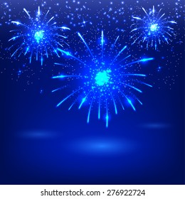 Celebratory fireworks on a blue background. Card. Vector illustration.