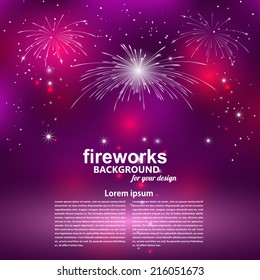 Celebratory fireworks on a purple background. Card. Vector illustration.