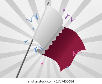 The celebratory flag of Qatar flies at high altitude