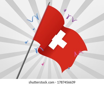 The celebratory flag of Switzerland flies at height