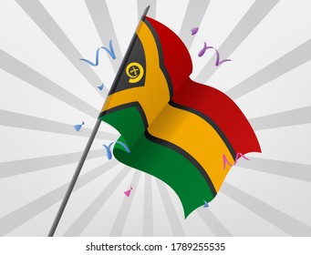 The celebratory flag of Vanuatu flies at height
