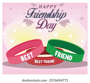 Celebratory Friendship Day greeting card featuring vibrant friendship bracelets with heart themed background, emphasizing companionship and appreciation for friends. Flat vector modern illustration 