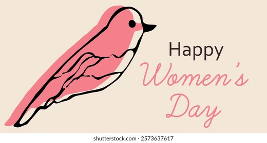 Celebratory Graphic for Women’s Day Featuring a Pink Bird and Greeting Text. Elegant design with a pink bird on a beige background, accompanied by a 'Happy Women’s Day' message.