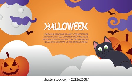 Celebratory Halloween Banner With Black Cat, Pumpkin And Bats.