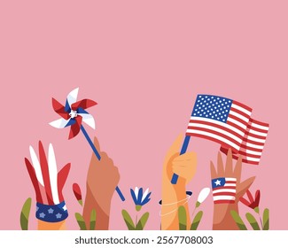 Celebratory Hands with American Flags and Patriotic Symbols