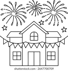 Cena da casa de celebração com fogos de artifício e decorações Uma ilustração alegre de festividades com uma casa decorada e fogos de artifício brilhantes