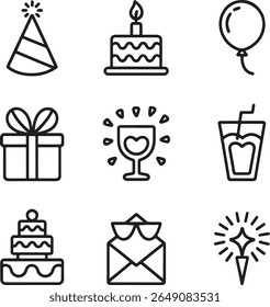 Ícones de celebração Uma coleção de favores de festa e elementos festivos que retratam uma ocasião alegre e celebração alegre