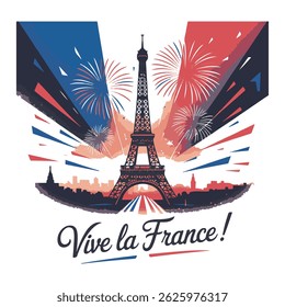Celebratory illustration of the eiffel tower with fireworks and french flag elements for bastille day or french events