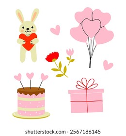 Celebratory illustration featuring a bunny, balloons, cake, and gift for a special occasion