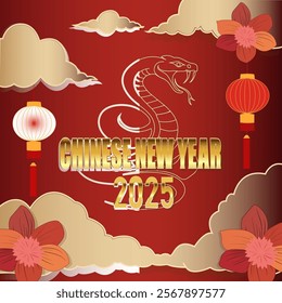 Celebratory image for the Chinese New Year 2025, showcasing golden snake graphics, floral elements, and traditional decorations over a red background