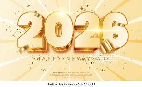 A celebratory image featuring the year 2026 in elegant 3D gold lettering against a warm radiant background adorned with golden confetti Perfect for New Year's greetings and celebratory designs