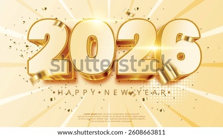 A celebratory image featuring the year 2026 in elegant 3D gold lettering against a warm radiant background adorned with golden confetti Perfect for New Year's greetings and celebratory designs