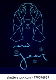 Celebratory inscription geometric head of a dog on a dark blue background, inscription New Year 2018, snowflakes. Colored vector art illustration of a New Year theme for greeting cards and banners