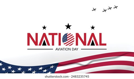 Logotipo conmemorativo del Día Nacional de la Aviación con una silueta de avión y tonos de la bandera estadounidense