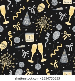 Celebratory New Years Eve seamless pattern with champagne glasses, balloons, sparkles, and festive decorations on dark background, perfect for New Year celebrations. Vector hand drawn illustration