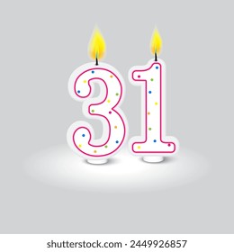 Celebratory number 31 candles. Birthday age decoration. Anniversary numeral lights. Festive cake topper. Vector illustration. EPS 10.