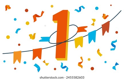 Celebratory Number One Banner With Confetti and Streamers. Flat vector illustration