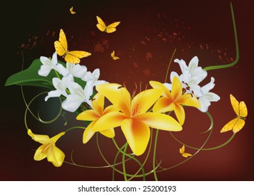 celebratory ornament from butterflies of flowers of lilies and branches