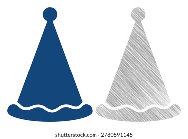 Celebratory party hat with a pompom and decorative rim, flat solid and hatching styles.