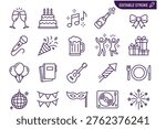 Celebratory party icons set featuring champagne glasses, cake, music notes, and festive decorations in monochrome line art style with editable stroke for branding and event marketing materials