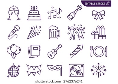 Celebratory party icons set featuring champagne glasses, cake, music notes, and festive decorations in monochrome line art style with editable stroke for branding and event marketing materials