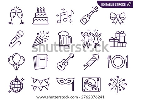 Celebratory party icons set featuring champagne glasses, cake, music notes, and festive decorations in monochrome line art style with editable stroke for branding and event marketing materials