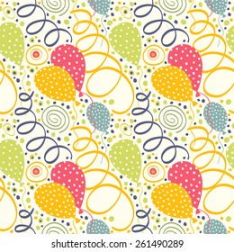 Celebratory pattern with balloons, serpentine and confetti. Seamless vector background.