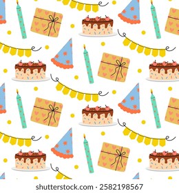 Celebratory pattern featuring cakes, gifts, party hats, and candles for festivities
