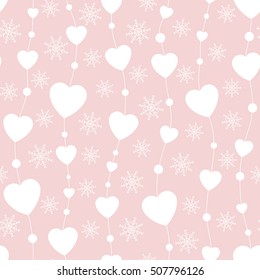 Celebratory pattern with hearts hanging on strings. Holiday backdrop. Christmas decor, seamless winter background. Snowflake decorations. Vector illustration.