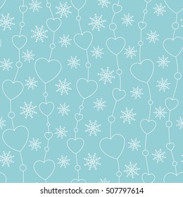 Celebratory pattern with hearts hanging on strings. Holiday backdrop. Christmas decor, seamless winter background. Snowflake decorations. Vector illustration.