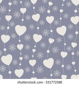 Celebratory pattern with hearts hanging on strings. Holiday backdrop. Christmas decor, seamless winter background. Snowflake decorations. Vector illustration.