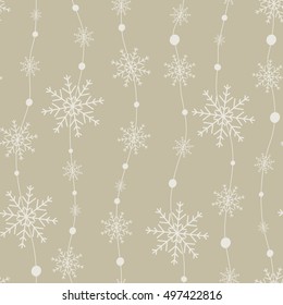 Celebratory pattern with snowflakes hanging on strings. Holiday backdrop, Christmas decor, seamless winter background. Vector illustration.