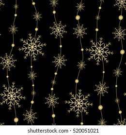 Celebratory pattern with snowflakes hanging on strings. Vector illustration.