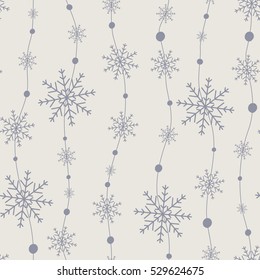 Celebratory pattern with snowflakes hanging on strings. Vector illustration.