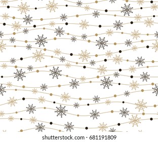 Celebratory pattern with snowflakes hanging on strings. Winter seamless background. Vector illustration.