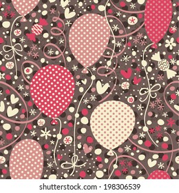 Celebratory pattern streamer, balloons, confetti, stars, hearts and flowers. Seamless background for design.