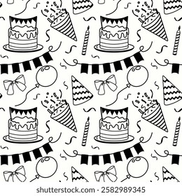 Celebratory patterns featuring cakes, balloons, and party hats for festive occasions